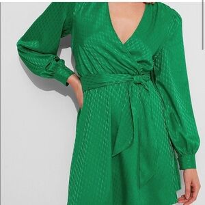 Jacquard Satin Tie Waist Long Sleeve Mini Dress